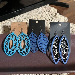 Set of Blue Weightless Wooden Hand Painted Geometric Earrings